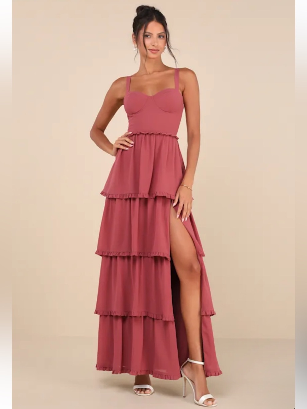 NWT Lulus Sophisticated Occasion Rusty Rose Bustier Lace-Up Maxi Dress